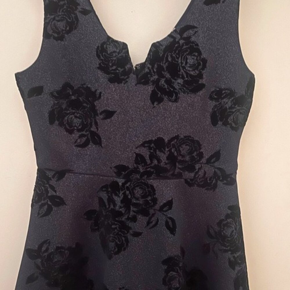 Navy Blue velour shimmer dress with black rose flower print